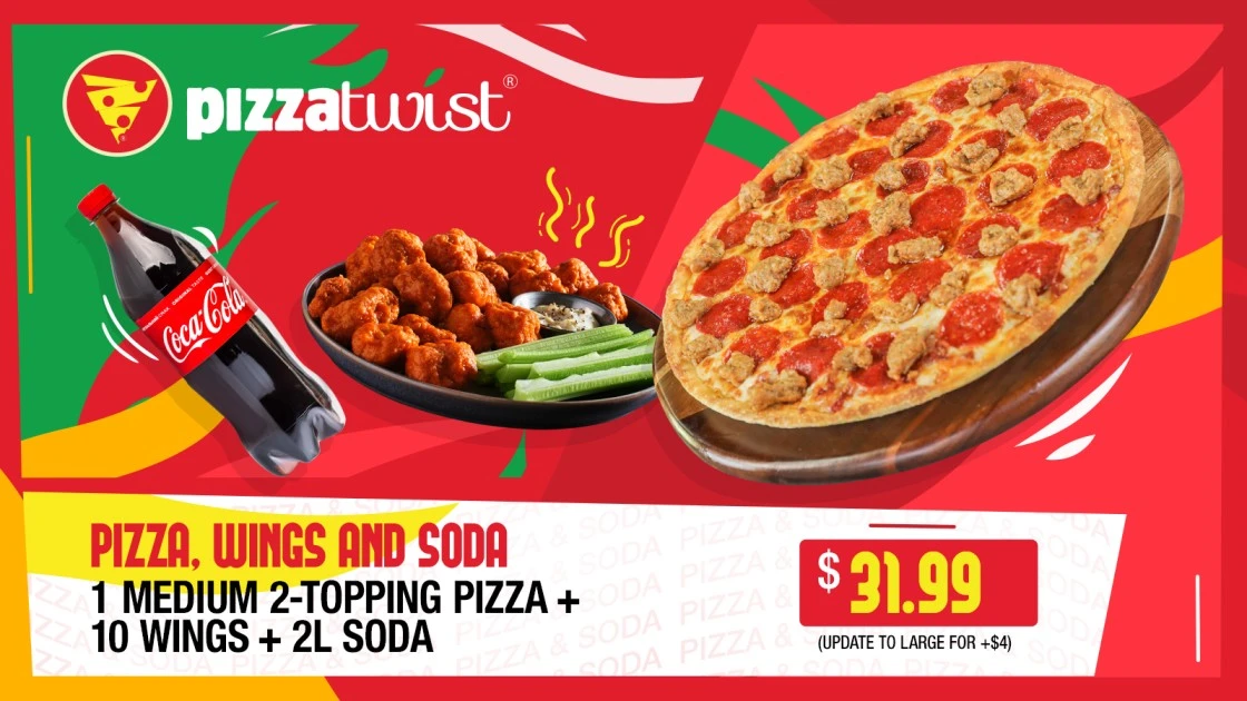 Pizza, Wings & Soda Deal – Medium 2-Topping Pizza, 10 Wings & 2L Soda for $31.99