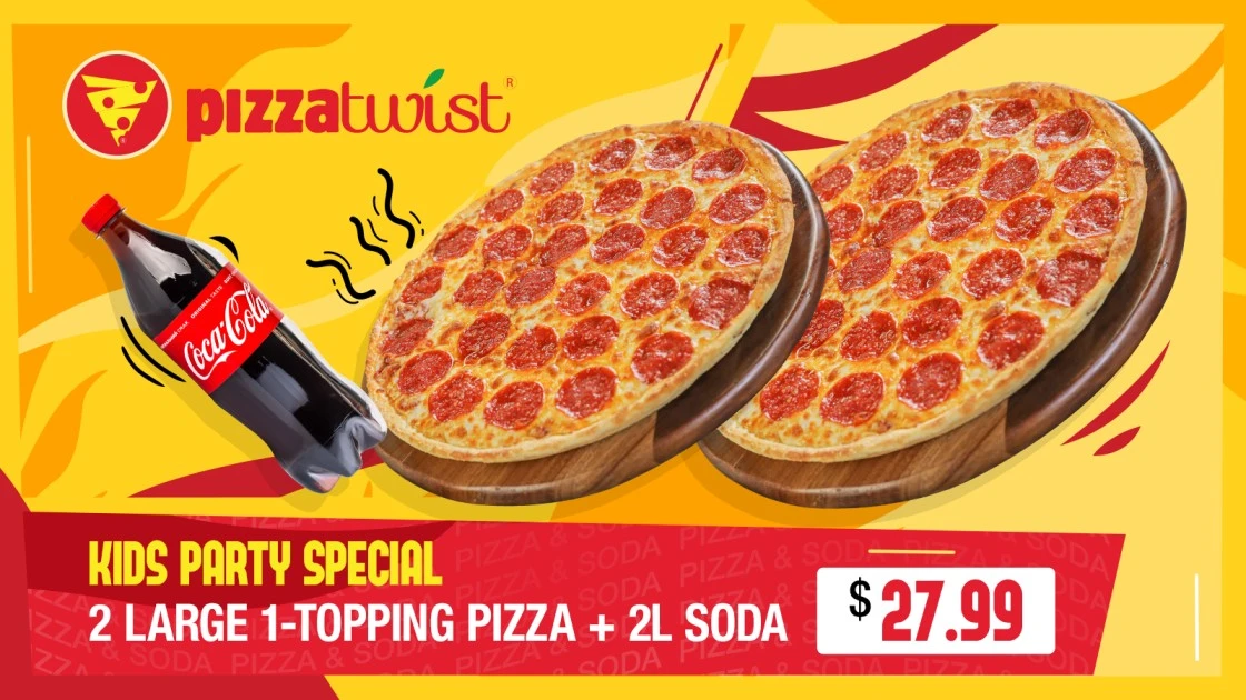 Kids Party Pizza Deal – 2 Large 1-Topping Pizzas & 2L Soda for $27.99