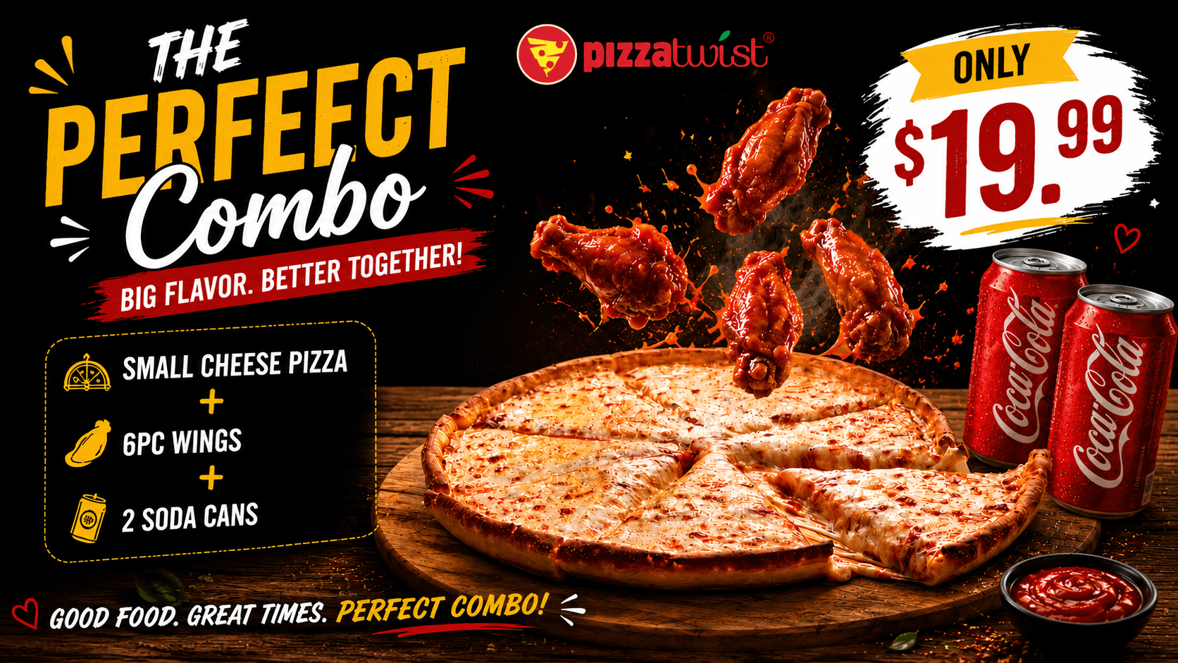 Perfect Pizza Combo – Small Cheese Pizza + 6 Wings + 2 Soda Cans for $19.99