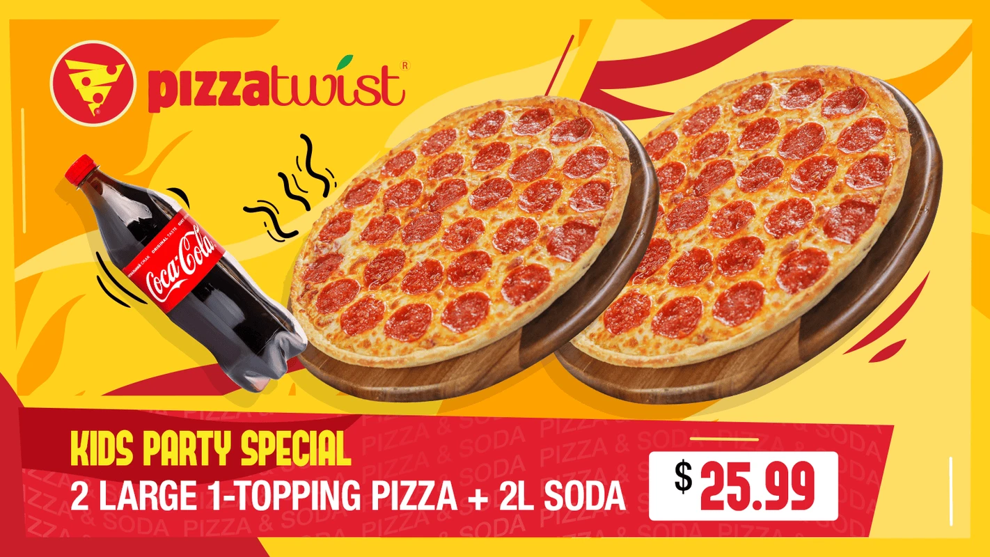 Kids Party Pizza Deal – 2 Large 1-Topping Pizzas & 2L Soda for $25.99